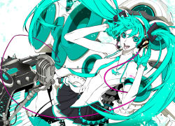 Rule 34 | 1girl, gloves, green eyes, green hair, hatsune miku, headphones, instrument, keyboard, keyboard (instrument), long hair, matching hair/eyes, melt (vocaloid), microphone, microphone stand, miwa shirow, necktie, solo, speaker, synthesizer, thighhighs, twintails, very long hair, vocaloid