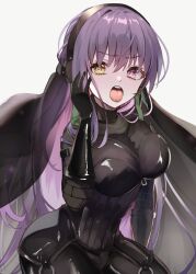 Rule 34 | 1girl, black bodysuit, black gloves, bodysuit, breasts, elbow gloves, fate/grand order, fate (series), fukiya (fumiakitoyama), giant, giantess, gimp suit, gloves, green ribbon, hair ribbon, hairband, heterochromia, highres, kingprotea (fate), latex, latex bodysuit, long hair, looking at viewer, medium breasts, o-ring, open mouth, purple eyes, purple hair, ribbon, solo, thighs, tongue, tongue out, veil, very long hair, xochitonal (fate), yellow eyes