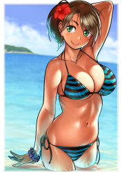 Rule 34 | 1girl, arms up, bare shoulders, bikini, blush, bracelet, breasts, brown hair, caustics, cleavage, day, flower, green eyes, hair flower, hair ornament, hibiscus, horizon, jewelry, large breasts, navel, ocean, original, outdoors, outside border, ponytail, short hair, side-tie bikini bottom, skindentation, smile, solo, striped bikini, striped clothes, swimsuit, twinpoo, two-tone stripes, wading, water, wet