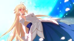 Rule 34 | 1girl, antenna hair, archetype earth, arcueid brunestud, bare shoulders, blonde hair, detached sleeves, dress, game cg, gold trim, highres, long hair, melty blood, melty blood: type lumina, official art, red eyes, solo, takeuchi takashi, tsukihime, tsukihime (remake), white dress