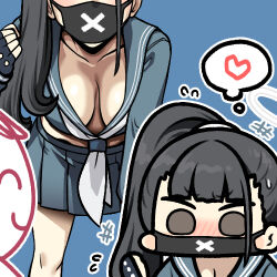 Rule 34 | 1boy, 1girl, doodle sensei (blue archive), black eyes, black hair, black mask, blue archive, blue sailor collar, blue serafuku, blue skirt, breasts, cleavage, commentary, fingerless gloves, gloves, halo, jazz jack, large breasts, leaning forward, long hair, long sleeves, looking at viewer, lowres, mask, mouth mask, pleated skirt, sagging breasts, sailor collar, school uniform, sensei (blue archive), serafuku, side ponytail, skirt, solo focus, sukeban (smg) (blue archive), surgical mask