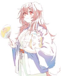 Rule 34 | 1girl, animal ears, blush, bone hair ornament, brown hair, closed mouth, dog ears, dog tail, hair between eyes, hair ornament, hand fan, haori, hashiguma, highres, holding, holding fan, hololive, inugami korone, japanese clothes, kimono, listener (inugami korone), long hair, looking at viewer, paper fan, simple background, smile, solo, tail, uchiwa, virtual youtuber, white background