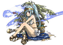 Rule 34 | 1girl, blue hair, breasts, circlet, cleavage, dragon quest, dragon quest iii, full body, haku (sabosoda), long hair, looking at viewer, medium breasts, nail polish, ponytail, red eyes, sage (dq3), sitting, smile, solo, staff, weapon