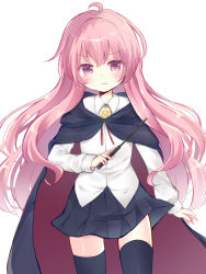 Rule 34 | 1girl, ahoge, black cape, black skirt, black thighhighs, blush, cape, closed mouth, collared shirt, commentary request, dress shirt, hair between eyes, highres, holding, holding wand, long hair, louise francoise le blanc de la valliere, ni kiro, pink hair, pleated skirt, red cape, red eyes, shirt, simple background, skirt, solo, thighhighs, very long hair, wand, white background, white shirt, zero no tsukaima