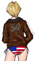 Rule 34 | 1girl, america (hetalia), ass, coat, female focus, lowres, panties, simple background, solo, swimsuit, thierrycole, underwear, united states, white background