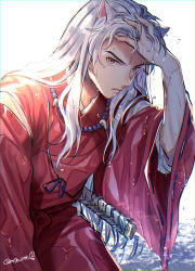 Rule 34 | 1boy, animal ears, bead necklace, beads, closed mouth, cowboy shot, day, dog ears, tooth necklace, frown, hand in own hair, hand on own head, hand up, highres, inuyasha, inuyasha (character), japanese clothes, jewelry, long hair, long sleeves, male focus, motobi (mtb umk), necklace, ribbon-trimmed sleeves, ribbon trim, solo, sword, water, weapon, wet, wet clothes, wet hair, white background, white hair, wide sleeves, yellow eyes