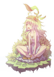 Rule 34 | 10s, 1girl, bare shoulders, barefoot, between legs, breasts, bush, cleavage, collarbone, dress, eyelashes, closed eyes, feet, flower, food, frilled skirt, frills, fruit, grass, green hair, hair flower, hair ornament, hand between legs, happy, highres, kuroduki (pieat), leaf, long hair, monster strike, open mouth, plant, pointy ears, skirt, small breasts, smile, soles, solo, strapless, strapless dress, teeth, toes, white dress, yggdrasill (monster strike)