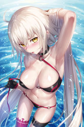 Rule 34 | 1girl, :o, ahoge, arm up, armpits, bikini, black bikini, black gloves, blush, breasts, choker, cleavage, day, fate/grand order, fate (series), gloves, hair between eyes, highres, hisasi, jeanne d&#039;arc alter (swimsuit berserker) (fate), jeanne d&#039;arc (fate), jeanne d&#039;arc alter (fate), jeanne d&#039;arc alter (swimsuit berserker) (fate), large breasts, long hair, looking at viewer, navel, o-ring, o-ring bikini, outdoors, red thighhighs, silver hair, single thighhigh, solo, sparkle, stomach, swimsuit, thighhighs, untied bikini, very long hair, wading, water, water drop, wet, yellow eyes
