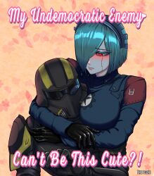 Rule 34 | 1girl, 1other, android, black gloves, breast press, commentary, english commentary, english text, gloves, green hair, hair over one eye, helldiver (helldivers), helldivers (series), helmet, highres, hug, military uniform, red eyes, short hair, thatcchi, uniform, upper body
