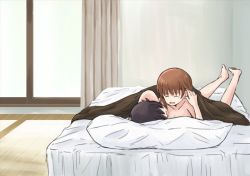 Rule 34 | 2girls, ^ ^, barefoot, bed, blush, breasts, brown hair, cleavage, closed eyes, girls und panzer, hand in another&#039;s hair, incest, lying, medium breasts, multiple girls, mutsu (layergreen), nishizumi maho, nishizumi miho, on stomach, pillow, short hair, siblings, sisters, smile, the pose, under covers, window