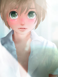Rule 34 | 1boy, androgynous, bad id, bad pixiv id, blush, brown hair, child, green eyes, looking at viewer, male focus, open clothes, open shirt, original, shirt, solo, trap, yuki18r