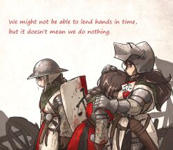 Rule 34 | 3girls, armor, belt, blood, blood on clothes, blood splatter, blood stain, brown hair, destruction, english text, gambeson, gauntlets, gloves, helmet, holding, holding weapon, ironlily, kettle helm, kite shield, lady lucerne (ironlily), long hair, medieval, multiple girls, ordo mediare sisters (ironlily), scabbard, sheath, single braid sister (ironlily), standing, sweat, sword, twin braids sister (ironlily), weapon