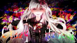Rule 34 | 1girl, elbow gloves, english text, gloves, grey hair, hair ornament, mayu (vocaloid), ribbon, shaded face, signature, solo, song name, text focus, tyouya, vocaloid