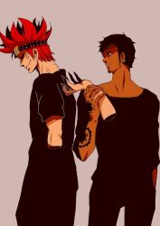 Rule 34 | 2boys, amputee, angry, black hair, black pants, black shirt, earrings, eustass kid, facial hair, goatee, goggles, injury, jewelry, male focus, multiple boys, one piece, pants, pirate, pixiv sample, red hair, resized, shirt, standing, tattoo, trafalgar law