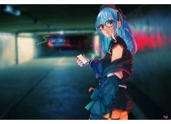 Rule 34 | 1girl, :d, absurdres, beret, black hat, blue eyes, blue hair, cellphone, character name, cowboy shot, eyelashes, from side, glasses, hair ribbon, haru yu, hat, highres, hololive, hoshimachi suisei, hoshimachi suisei (streetwear), huge filesize, jacket, long hair, looking at viewer, looking back, looking to the side, o-ring, o-ring thigh strap, off shoulder, open mouth, orange pantyhose, pantyhose, phone, ribbon, short sleeves, skindentation, smartphone, smile, solo, thigh strap, virtual youtuber