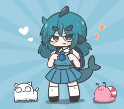 Rule 34 | 1girl, backpack, bag, black footwear, blue background, blue dress, blue eyes, blue hair, closed mouth, collared shirt, commentary request, dress, fang, fang out, fins, fish tail, fuka-chan, heart, highres, kneehighs, kyoufuu all back (vocaloid), looking at viewer, original, pinafore dress, pleated dress, randoseru, shark tail, shirt, shoes, short eyebrows, sleeveless, sleeveless dress, socks, solo, sunburst, sunburst background, tail, thick eyebrows, uni souchou, v-shaped eyebrows, white shirt, white socks