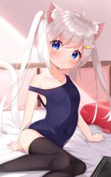 Rule 34 | 1girl, ahoge, animal ear fluff, animal ears, bed, bedroom, black thighhighs, blue eyes, blue one-piece swimsuit, blush, cat ears, cat girl, cat tail, closed mouth, collarbone, commentary request, covered navel, fang, feet out of frame, hair ornament, hairclip, highres, indoors, long hair, looking at viewer, matchanear, off shoulder, old school swimsuit, one-piece swimsuit, original, paid reward available, pillow, school swimsuit, sitting, skin fang, solo, swimsuit, tail, thighhighs, twintails, white hair, yokozuwari