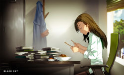 Rule 34 | 1girl, blurry, brown hair, chair, chopsticks, closers, depth of field, failure, food, from side, kim yujeong, noodles, pantyhose, paper, ress, robe, sauce, sitting, sleeves rolled up, solo, sunlight, table, tree
