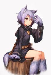 Rule 34 | 1girl, animal ears, animal hands, beize (garbage), belt, belt buckle, blue hair, buckle, claws, coat, from side, grey background, hair between eyes, holding, holding own hair, hood, hood down, knife, long sleeves, looking to the side, original, red eyes, sheath, sheathed, short hair, simple background, sitting, smile, solo, stump, tail, tree stump, white background, wolf ears, wolf paws, wolf tail