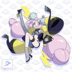Rule 34 | absurdres, bow-shaped hair, character hair ornament, creatures (company), game freak, grey pantyhose, hair ornament, hexagon print, highres, iono (pokemon), jacket, long hair, low-tied long hair, multicolored hair, nintendo, nyamofe, oversized clothes, pantyhose, pokemon, pokemon sv, sharp teeth, single leg pantyhose, sleeves past fingers, sleeves past wrists, split-color hair, teeth, very long sleeves, x, yellow jacket