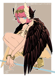Rule 34 | 1girl, ancient greek clothes, armlet, blue eyes, brown wings, circe (fate), circlet, fate/grand order, fate (series), feathered wings, greco-roman clothes, head wings, jewelry, necklace, nishiyama (whatsoy), pink hair, platform footwear, pointy ears, smile, solo, squatting, staff, wings