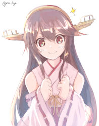 Rule 34 | 1girl, absurdres, black hair, chicken99, clenched hands, commentary request, detached sleeves, hair ornament, hairband, hairclip, haruna (kancolle), headgear, highres, japanese clothes, kantai collection, long hair, looking at viewer, ribbon-trimmed sleeves, ribbon trim, simple background, smile, solo, sparkle, twitter username, upper body, white background