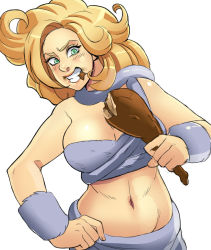Rule 34 | 1990s (style), 1girl, ayla (chrono trigger), bare shoulders, blonde hair, boned meat, breasts, chrono trigger, cleavage, eating, female focus, food, green eyes, greenmarine, grin, hand on own hip, highres, large breasts, long hair, meat, midriff, navel, skirt, smile, solo, strapless, tail, tail wrap, tribal, tube top