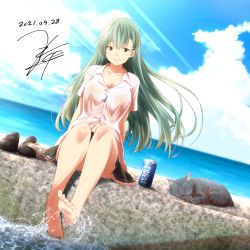 Rule 34 | 1girl, barefoot, blue sky, brown skirt, cat, cloud, collared shirt, day, dock, dog tags, frilled skirt, frills, green eyes, green hair, hair ornament, hairclip, kantai collection, long hair, miniskirt, outdoors, shirt, shoes, unworn shoes, short sleeves, sitting, skirt, sky, smile, solo, suzuya (kancolle), white shirt, yua (checkmate)