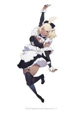 Rule 34 | 1girl, 2022, absurdres, arm up, black bow, black bowtie, black footwear, black thighhighs, blonde hair, bow, bowtie, breasts, company name, copyright notice, copyright request, dark-skinned female, dark skin, detached collar, dress, full body, garter straps, gebijiade 89, highres, index finger raised, medium breasts, medium hair, official art, open mouth, outstretched arms, simple background, solo, thighhighs, white background, yellow eyes