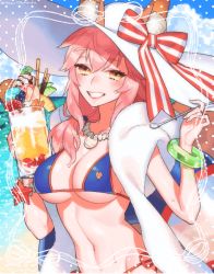 Rule 34 | animal ear fluff, animal ears, beer mug, bikini, blue bikini, blueberry, blush, bow, bracelet, breasts, cleavage, cloud, cloudy sky, collarbone, cup, day, fate/grand order, fate (series), food, fox ears, fox tail, fruit, grin, hat, hat bow, holding, holding cup, holding food, holding spoon, ice cream, innertube, jewelry, kitsune, kiwi (fruit), kiwi slice, large breasts, long hair, looking at viewer, mug, navel, necklace, ocean, orange (fruit), orange slice, outdoors, parfait, peach, pink hair, pink lips, pocky, red bow, sara (kurome1127), sky, smile, solo, spoon, strawberry, striped, striped bow, sun hat, swim ring, swimsuit, tail, tamamo (fate), tamamo no mae (fate/extra), tamamo no mae (swimsuit lancer) (fate), tamamo no mae (swimsuit lancer) (third ascension) (fate), towel, underboob, upper body, wafer stick, waffle, wet, white hat, white towel, yellow eyes