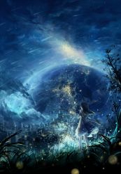 Rule 34 | 1girl, bad id, bad pixiv id, bag, blue theme, bug, butterfly, city lights, cityscape, cloud, cloudy sky, domik, dress, facing away, from behind, grass, highres, bug, long hair, meteor, meteor shower, night, night sky, original, outdoors, planet, scenery, shooting star, shoulder bag, sky, solo, tree, wisp