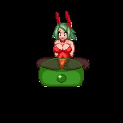 Rule 34 | 1girl, animal ears, animated, animated gif, arms behind back, black background, blush, breasts, cleavage, creature inside, fake animal ears, green hair, inflation, large breasts, large insertion, leotard, lowres, mo2, monster, object insertion, open mouth, pantyhose, pixel art, playboy bunny, rabbit ears, sex, simple background, slime (creature), spread legs, squatting, stomach bulge, unbirthing, vaginal, vaginal object insertion
