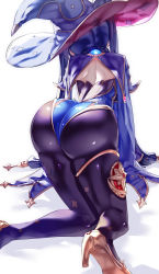 Rule 34 | 1girl, ass, black pantyhose, blue hat, cape, from behind, genshin impact, gloves, gold trim, hair ornament, hair ribbon, hat, high heels, highres, huge ass, hydro (genshin impact), kneeling, leotard, long hair, mona (genshin impact), pantyhose, purple hair, ribbon, shiny clothes, solo, thighlet, thighs, twintails, uenoryoma, very long hair, vision (genshin impact)