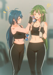 Rule 34 | !?, 2girls, :d, ;o, ^^^, antenna hair, bare shoulders, black gloves, black pants, black sports bra, blue hair, blurry, blurry background, blush, breasts, brown eyes, can to cheek, cleavage, closed eyes, commission, dark blue hair, depth of field, feet out of frame, fingerless gloves, girls&#039; frontline, gloves, green hair, grin, hair ornament, hairclip, highres, long hair, low twintails, m240l (girls&#039; frontline), medium breasts, mk48 (girls&#039; frontline), multiple girls, navel, one eye closed, open mouth, pants, parted lips, pixiv commission, smile, sports bra, standing, stomach, towel, towel around neck, triangle bullet, twintails, very long hair, yoga pants