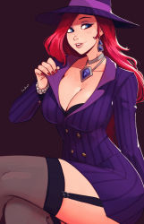 Rule 34 | 1girl, absurdres, breasts, cleavage, fedora, formal, garter straps, hat, highres, jewelry, large breasts, necklace, pinstripe pattern, pinstripe suit, purple suit, raichiyo33, red hair, solo, striped, suit, thighhighs, thighs