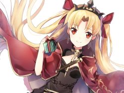 Rule 34 | 1girl, bad id, bad pixiv id, between breasts, black dress, blonde hair, box, breasts, cape, closed mouth, commentary request, derori, dress, dutch angle, earrings, ereshkigal (fate), fate/grand order, fate (series), gift, gift box, highres, holding, holding gift, infinity symbol, jewelry, long hair, looking at viewer, medium breasts, necklace, parted bangs, red cape, red eyes, simple background, skull, smile, solo, spine, tohsaka rin, two side up, very long hair, white background