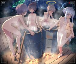 Rule 34 | 4girls, ass, barefoot, black hair, blue archive, blue eyes, blue halo, breasts, brown eyes, brown hair, closed mouth, commentary request, completely nude, drum (container), drum bath, glaze protected image, grass, green halo, halo, ladder, leg up, long hair, miyako (blue archive), miyu (blue archive), moe (blue archive), multiple girls, nipples, nude, panties, panties around leg, purple eyes, purple hair, recording, red eyes, saki (blue archive), small breasts, special cat, steam, underwear, undressing, wading, water, white hair, white halo, white panties, yellow halo