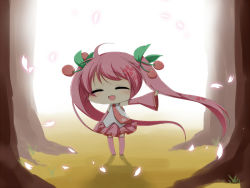 Rule 34 | 1girl, cherry, chibi, detached sleeves, closed eyes, food, fruit, hatsune miku, long hair, n39, necktie, open mouth, outstretched arm, pink hair, sakura miku, skirt, solo, thighhighs, tree, twintails, very long hair, vocaloid