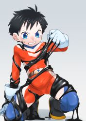 Rule 34 | 1boy, absurdres, belt, black footwear, black hair, blue eyes, bodysuit, catsuit, child, clenched teeth, commentary request, fantasy, gloves, highres, leotard, male focus, original, power suit, red bodysuit, science fiction, short hair, simple background, skin tight, slime (creature), slime (substance), solo, spandex, superhero costume, teeth, white gloves, zumimi mimi