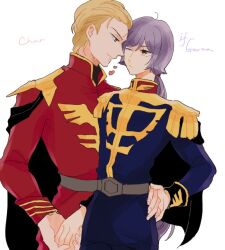 Rule 34 | belt, black cape, blonde hair, blue eyes, blue jacket, brown eyes, cape, char&#039;s counterattack, char aznable, character name, epaulettes, eye contact, garma zabi, grey belt, gundam, gundam gihren no yabou, hair slicked back, hand on another&#039;s waist, heart, high collar, holding hands, jacket, long hair, long sleeves, looking at another, low ponytail, male focus, meiko (hishi), military uniform, ponytail, purple hair, red jacket, short hair, simple background, uniform, white background, yaoi