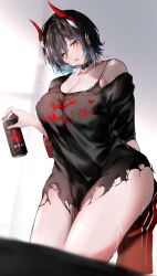 Rule 34 | 1girl, alternate breast size, alternate costume, azur lane, beer can, black bra, black choker, black hair, black shirt, bra, bra peek, breasts, can, choker, cleavage, drink can, highres, holding, holding can, horns, large breasts, looking at viewer, mechanical horns, multicolored hair, raru (nanaharararu), red horns, shirt, short hair, short sleeves, single bare shoulder, solo, spiked choker, spikes, streaked hair, torn clothes, torn shirt, two-tone hair, ulrich von hutten (azur lane), underwear, white hair, yellow eyes