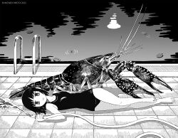Rule 34 | 1girl, afloat, afloat leaves, animal, aremoyou, artist name, barefoot, breasts, bug, commentary, crayfish, dated, expressionless, full body, greyscale, highres, holding, holding hose, hose, leaf, looking at viewer, looking to the side, lying, monochrome, on back, on ground, original, outdoors, oversized animal, parted lips, pool, pool ladder, reflection, reflective water, school swimsuit, short hair, small breasts, solo, spraying, swimsuit, tile floor, tiles, water
