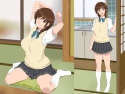Rule 34 | 1girl, amagami, arms up, bow, bowtie, breasts, brown hair, cottage, happy, highres, kitchen, kneeling, large breasts, looking at viewer, open mouth, sakurai rihoko, school uniform, short hair, skirt, smile, socks, standing, wink