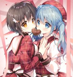 Rule 34 | 2girls, back bow, beret, black hair, blue eyes, blue hair, blush, bob cut, bow, brown eyes, chocolate, closed mouth, commentary, dress, english text, food in mouth, hair ornament, hairclip, hat, holding hands, long sleeves, looking at viewer, looking back, medium hair, mouth hold, multiple girls, original, plaid, plaid dress, plaid headwear, red dress, red headwear, short hair, smile, suimya, valentine