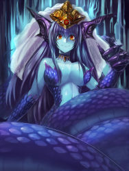 Rule 34 | 1girl, bare shoulders, blue hair, blue skin, breasts, claws, colored skin, edobox, eye of providence, jewelry, lamia, large breasts, long hair, looking at viewer, monster girl, necklace, pixiv fantasia, pixiv fantasia new world, red eyes, smile, solo