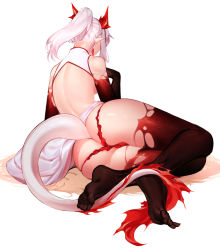 Rule 34 | 1girl, arknights, arm support, ass, back, backless dress, backless outfit, bare shoulders, black gloves, black thighhighs, braid, breasts, butt crack, clothing aside, dragon girl, dragon horns, dragon tail, dress, dress aside, elbow gloves, feet, female focus, fiery tail, from behind, full body, gloves, highres, horns, long hair, lying, medium breasts, nian (arknights), nian (unfettered freedom) (arknights), official alternate costume, on side, pannakotta, panties, pointy ears, ponytail, red panties, side braid, sideboob, sidelocks, silver hair, simple background, solo, tail, thighhighs, thighs, toes, underwear, white background, white dress