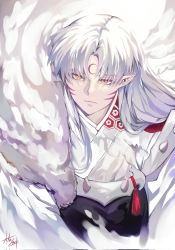 Rule 34 | 1boy, closed mouth, facial mark, from above, hair between eyes, highres, inuyasha, long hair, male focus, parted bangs, pointy ears, sagi (sagi 0116), sesshoumaru, signature, solo, tagme, tassel, white background, white hair