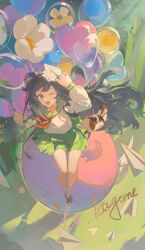 Rule 34 | 1girl, absurdres, balloon, black hair, blue eyes, brown footwear, calico, chinese commentary, collared shirt, commentary request, commission, commissioner name, day, eyelashes, flower, flower balloon, from above, full body, grass, green sailor collar, green skirt, happy, heart balloon, highres, higurashi kagome, holding paper airplane, inuyasha, kneehighs, knees, light particles, long hair, long sleeves, looking at viewer, miniskirt, neckerchief, one eye closed, open mouth, outdoors, pleated skirt, red neckerchief, sailor collar, school uniform, serafuku, shirt, shoes, shu bing, sitting, skirt, smile, socks, solo, sunlight, teeth, tree, upper teeth only, uwabaki, very long hair, white flower, white shirt, white sleeves, white socks