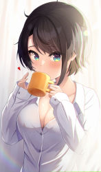 Rule 34 | 1girl, absurdres, aqua eyes, black hair, blush, breasts, cleavage, coffee cup, collared shirt, cup, disposable cup, drinking, heart, highres, holding, holding cup, hololive, long sleeves, looking at viewer, medium breasts, messy hair, oozora subaru, shirt, short hair, solo, suicabar72, upper body, virtual youtuber, white shirt