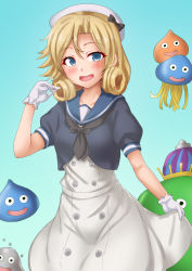 Rule 34 | 1girl, anti (untea9), black neckerchief, blonde hair, blue background, blue eyes, blue sailor collar, crown, dragon quest, dress, gloves, gradient background, hat, highres, janus (kancolle), kantai collection, king slime (dragon quest), looking at viewer, multiple others, neckerchief, open mouth, parted bangs, sailor collar, sailor dress, sailor hat, short hair, simple background, slime (dragon quest), smile, solo, twitter username, white dress, white gloves, white hat